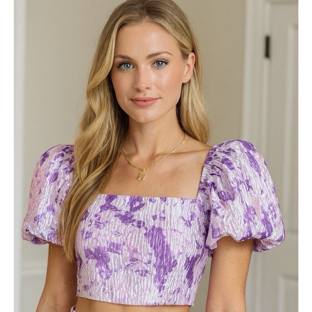 Buddy Love Calloway Crop Top Size XL Electric Purple Ruffle Puff Sleeve Metallic